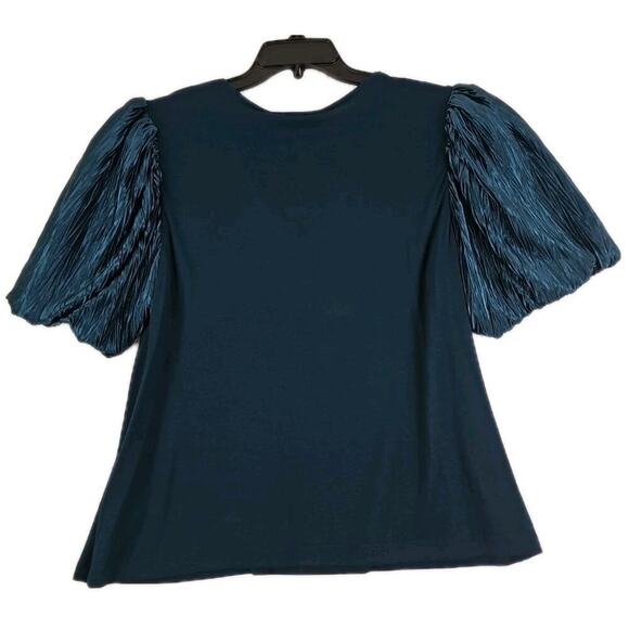 DR2~Woman Sz XL~ Dark Green Pleated Puff Satin Sleeve V-Neck Knit Top Blouse NWT - Picture 3 of 12